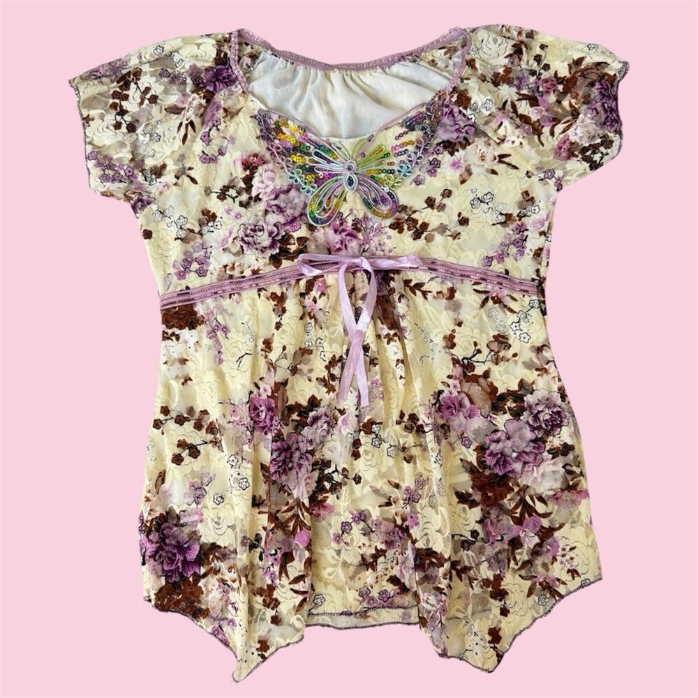Y2K fairycore purple and brown floral babydoll blouse with butterfly embroidery